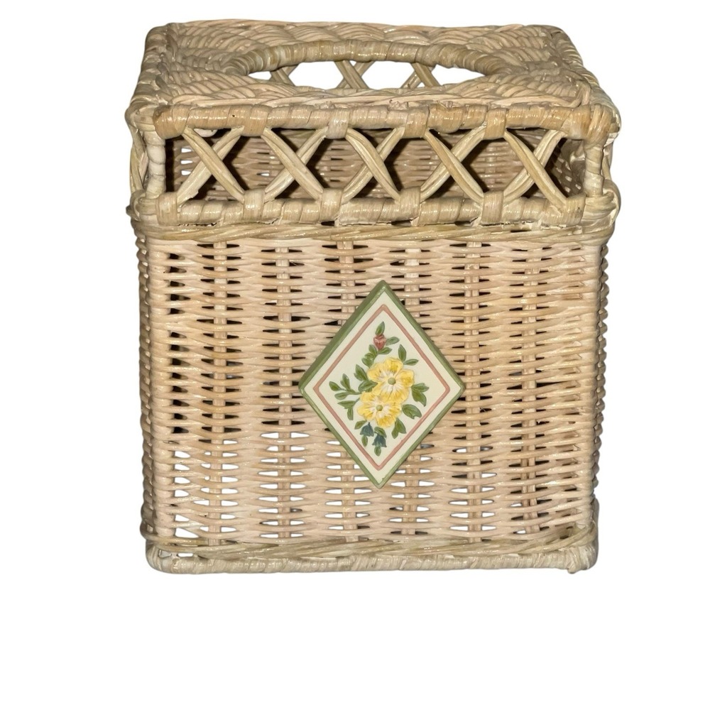 Vintage Wicker Tissue Box Cover Floral Tileโ Accent Cottagecore Boho Dรฉcor Beige